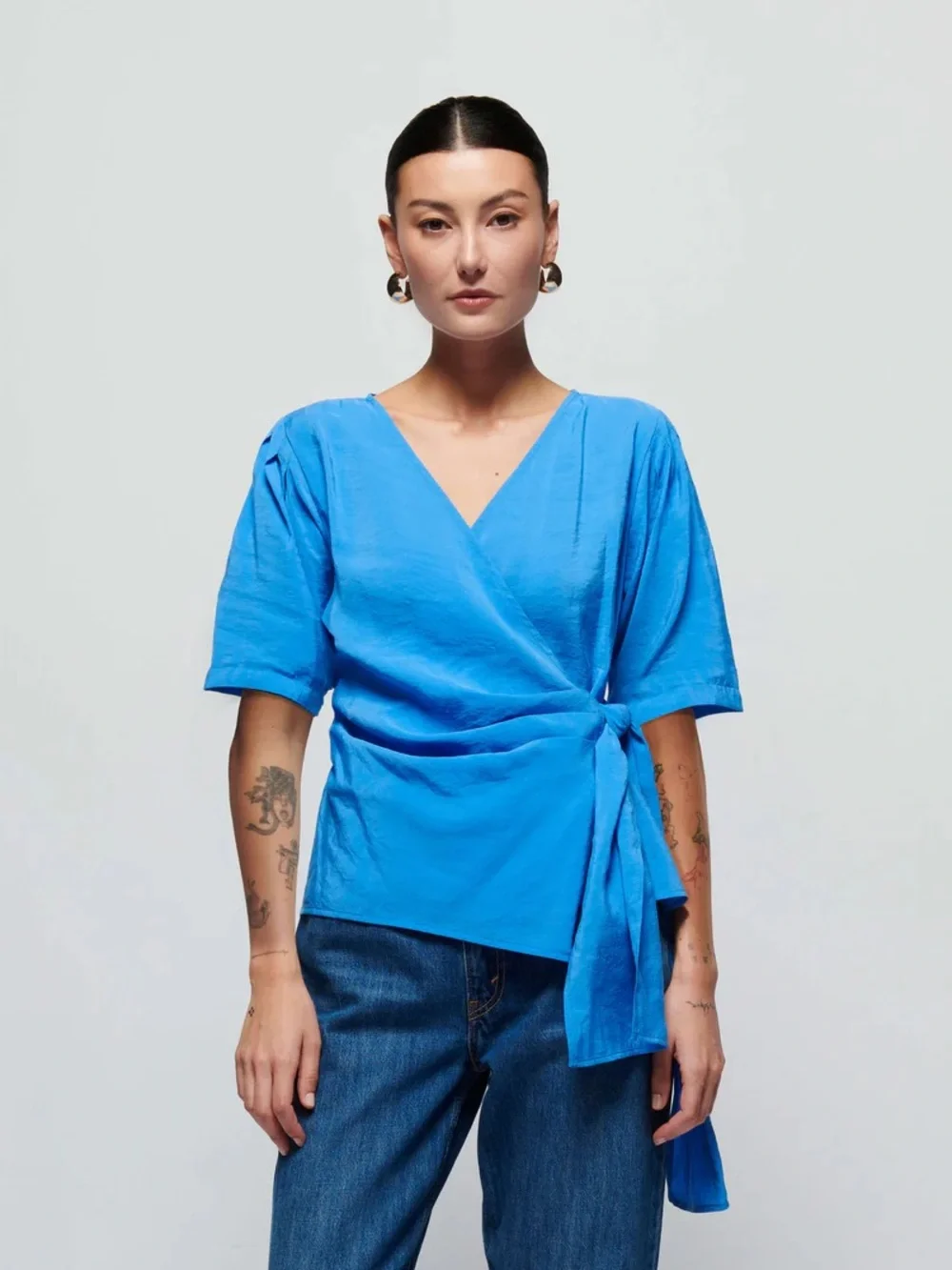 Nation LTD Luisa Tie Front Wrap Top Blouse Palace Blue Size 2/M - Picture 1 of 9